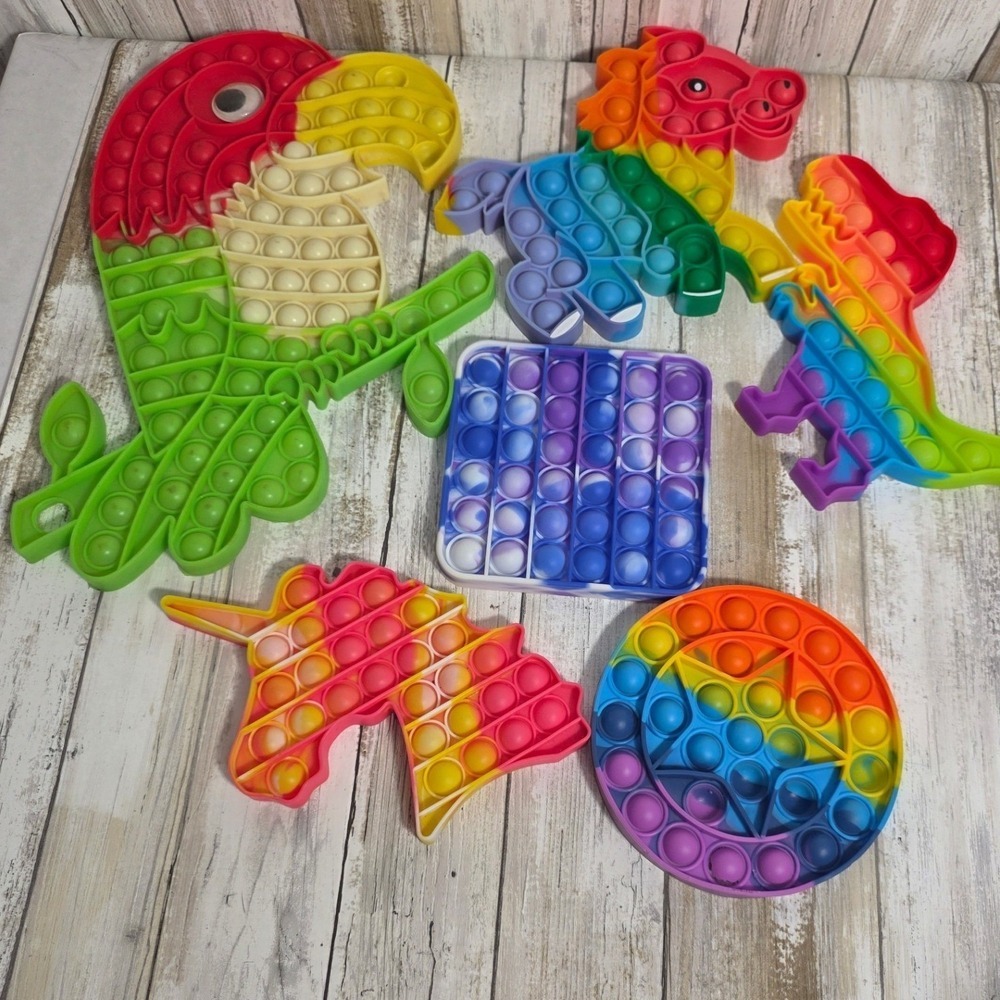 6pc Rainbow Pop It Fidget Toy Set Silicone Sensory Toys Unicorn Dinosaur Parrot - Picture 2 of 4